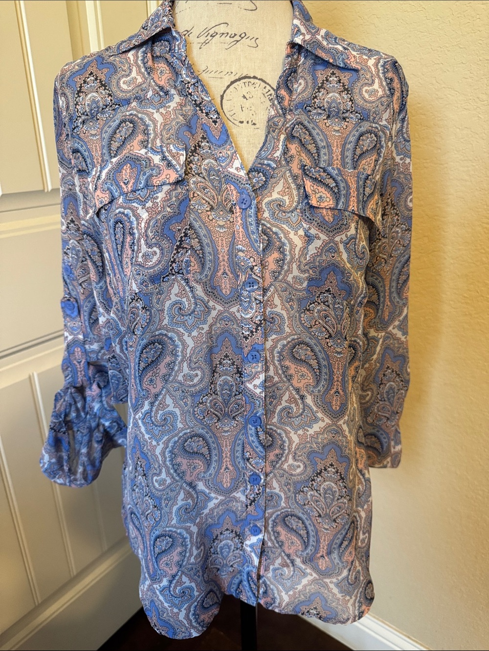 New York & Company Blue and Pink Paisley Button-Down Shirt